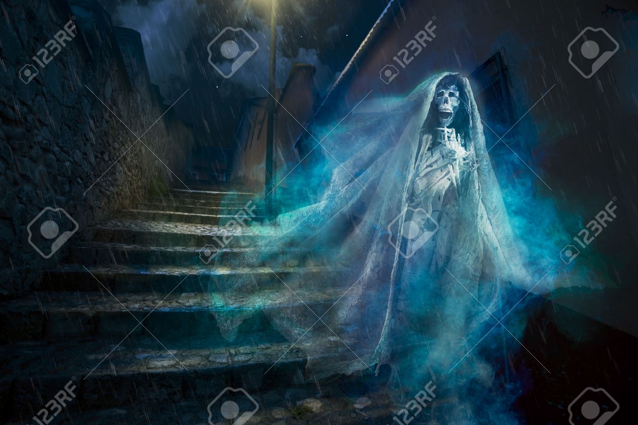 Creepy Halloween Background Of Ghost At Night Stock Photo, Picture And  Royalty Free Image. Image 28047018.