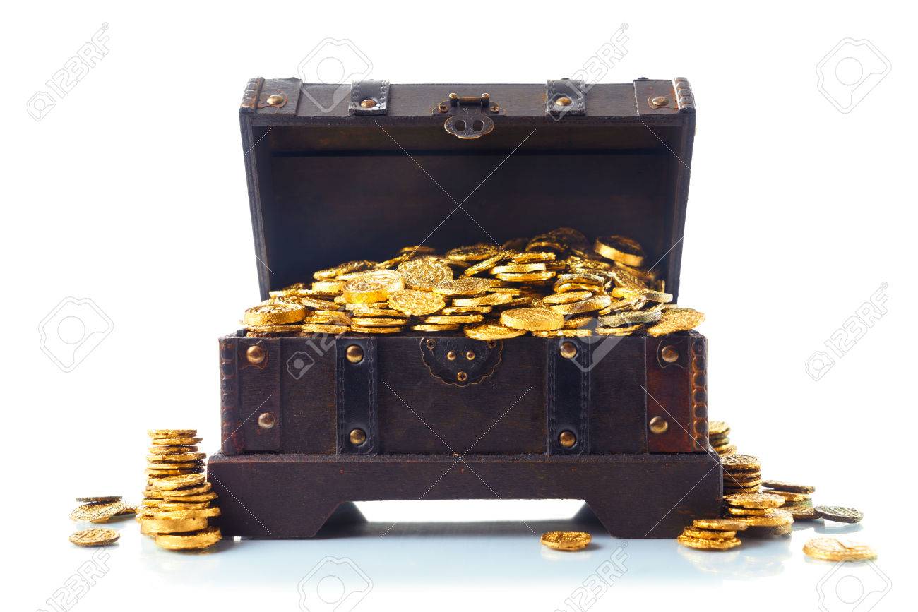 Open treasure chest filled with golden coins, gold and jewelry i Stock Photo by maxxyustas