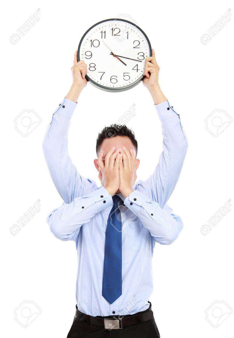 deadline concept of businessman with many hands holding clock and covering face isolated on white background - 16800562 deadline concept of businessman with many hands holding clock and covering face isolated on white background - 16800562