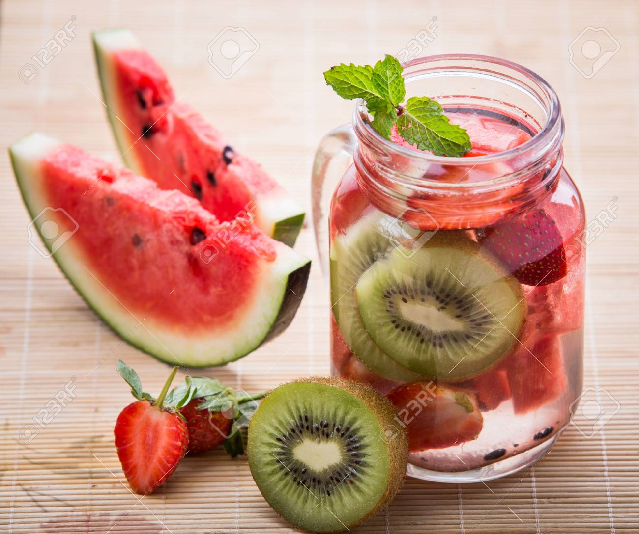 Summer Fresh Fruit Flavored Infused Water Of Strawberry Kiwi Stock Photo Picture And Royalty Free Image Image 43524757
