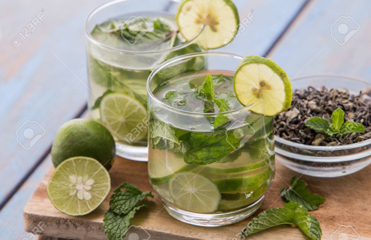 Summer Fresh Fruit Flavored Infused Water Mix Of Green Tea Lime Stock Photo Picture And Royalty Free Image Image 43524760
