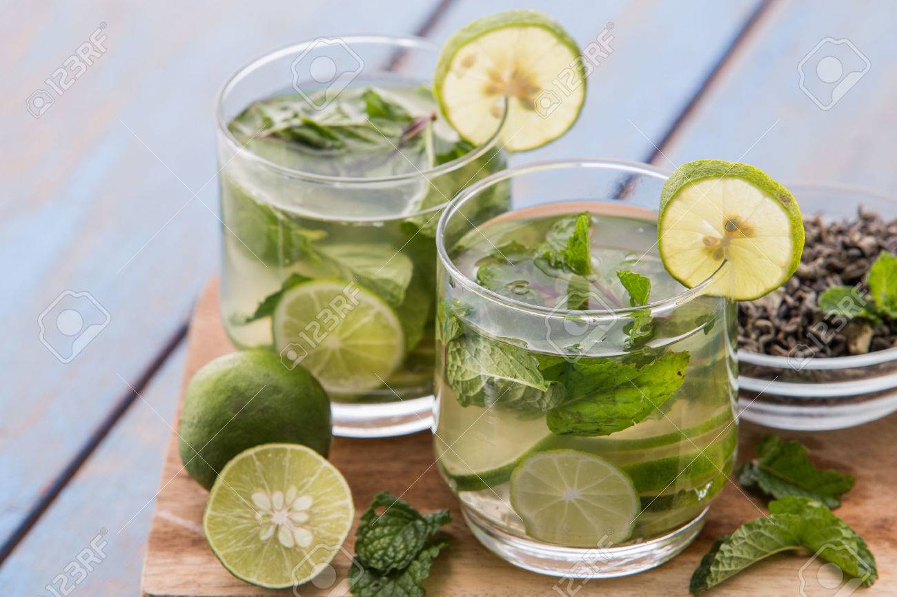 Summer Fresh Fruit Flavored Infused Water Mix Of Green Tea Lime Stock Photo Picture And Royalty Free Image Image 43524966