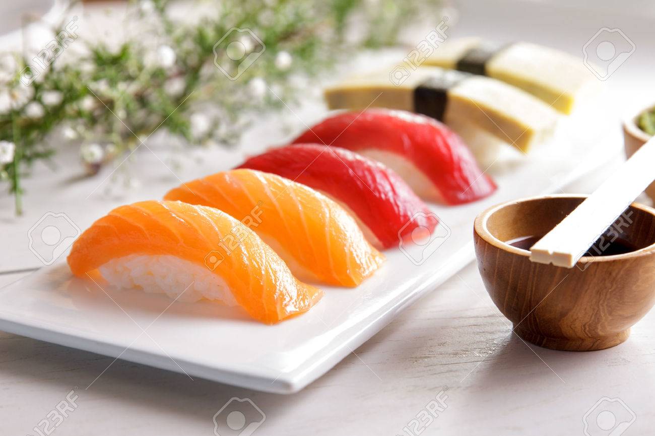 portait of japanese food nigiri sushi sets on white plate Stock Photo , 65258584
