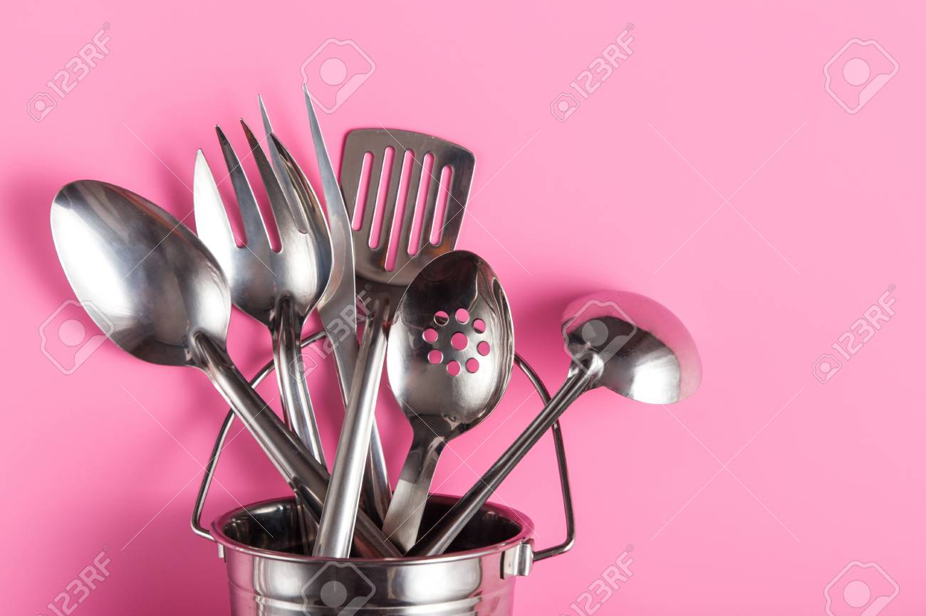 Close Up Portrait Of Different Metal Kitchen Utensils In Metal Stock Photo Picture And Royalty Free Image Image 95761783