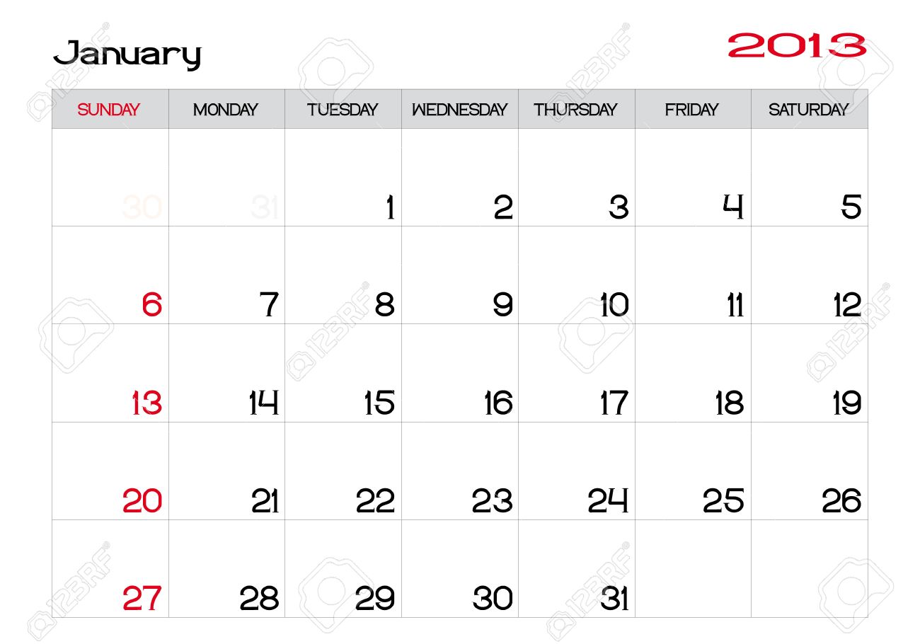 英語で 1 月 13 年のカレンダー のイラスト素材 ベクタ Image