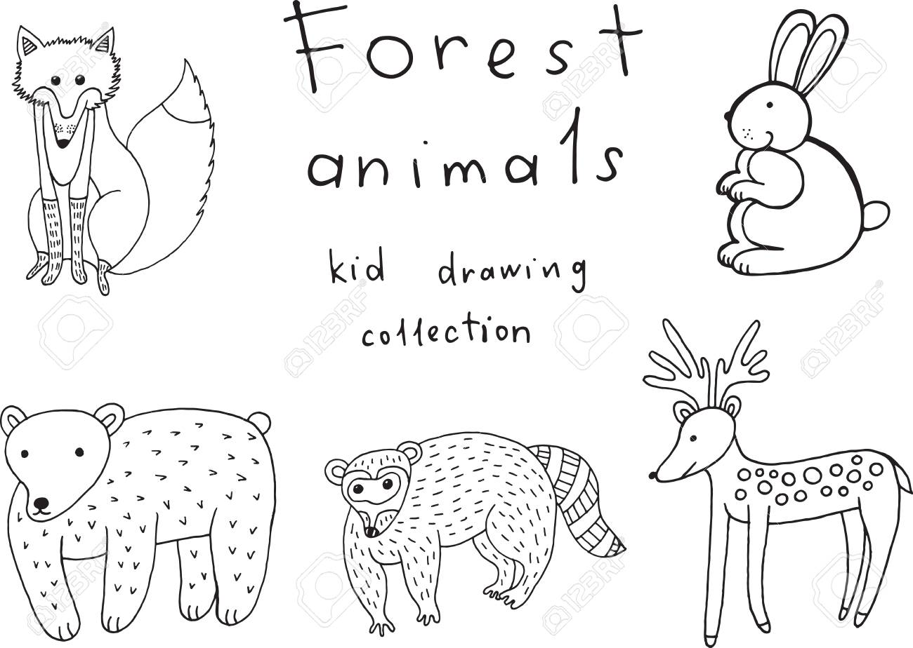 子供の動物の描画します 落書き面白い子供のためのぬり絵集のイラスト素材 ベクタ Image 子供の動物の描画します 落書き面白い子供のためのぬり絵集のイラスト素材 ベクタ Image