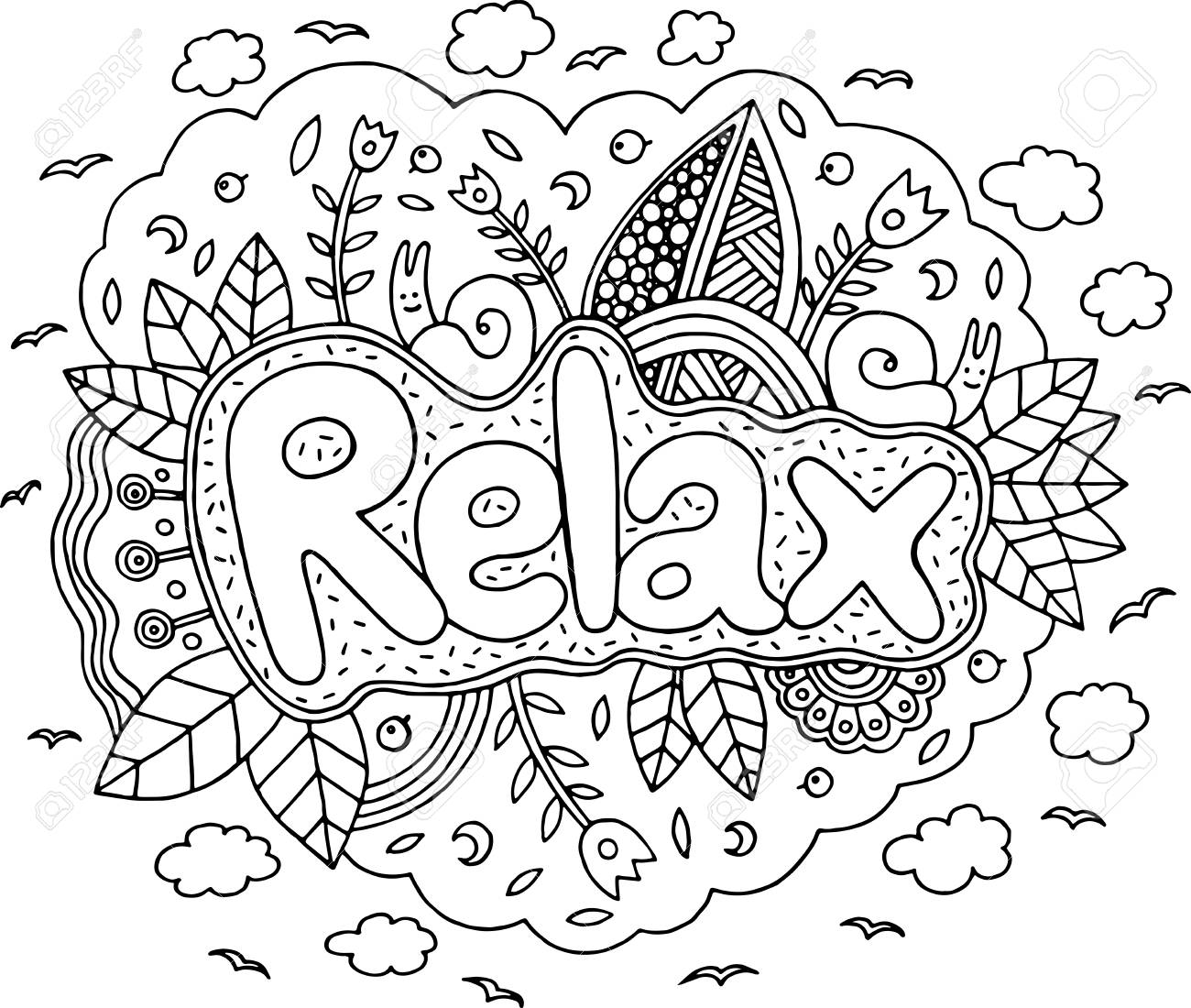 Coloring Page For Adults With Mandala And Relax Word Doodle Lettering Ink Outline Artwork