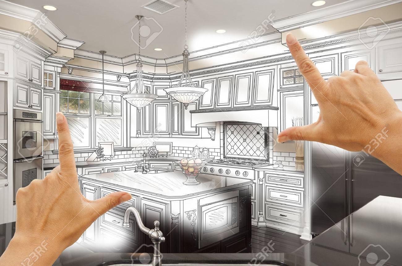 Custom Kitchen Design female hands framing custom kitchen design drawing and photo Custom Kitchen Design female hands framing custom kitchen design drawing and photo