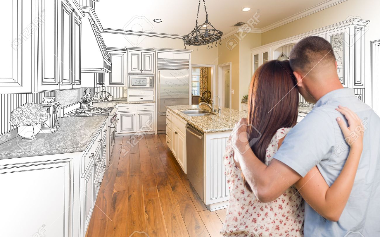 Young Military Couple Looking Inside Custom Kitchen and Design Drawing Combination. - 51038545 Young Military Couple Looking Inside Custom Kitchen and Design Drawing Combination. - 51038545