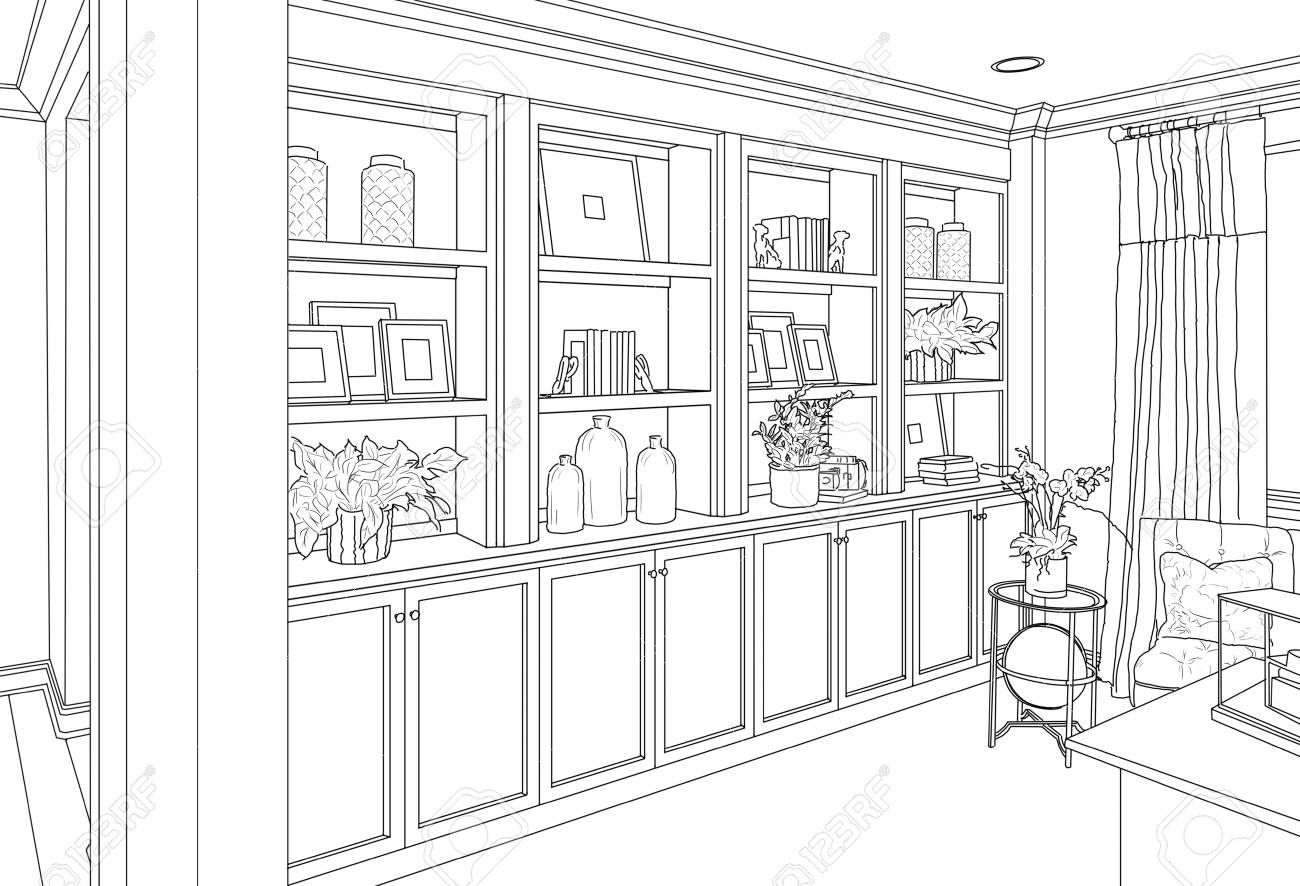 detailed drawing of custom living room built in shelves and cabinets
