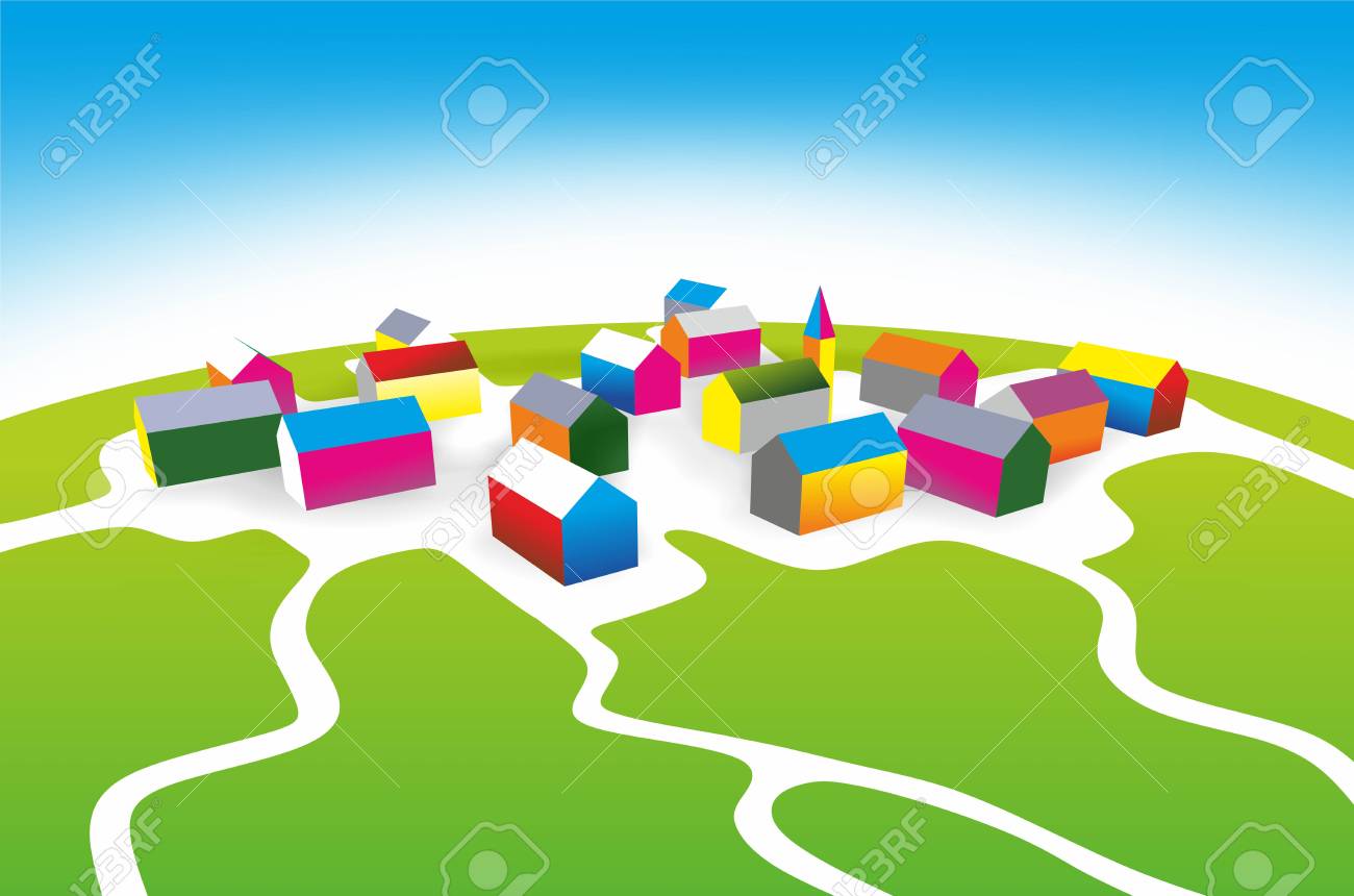 色のおもちゃのブロックの小さな村のイラスト の写真素材 画像素材 Image