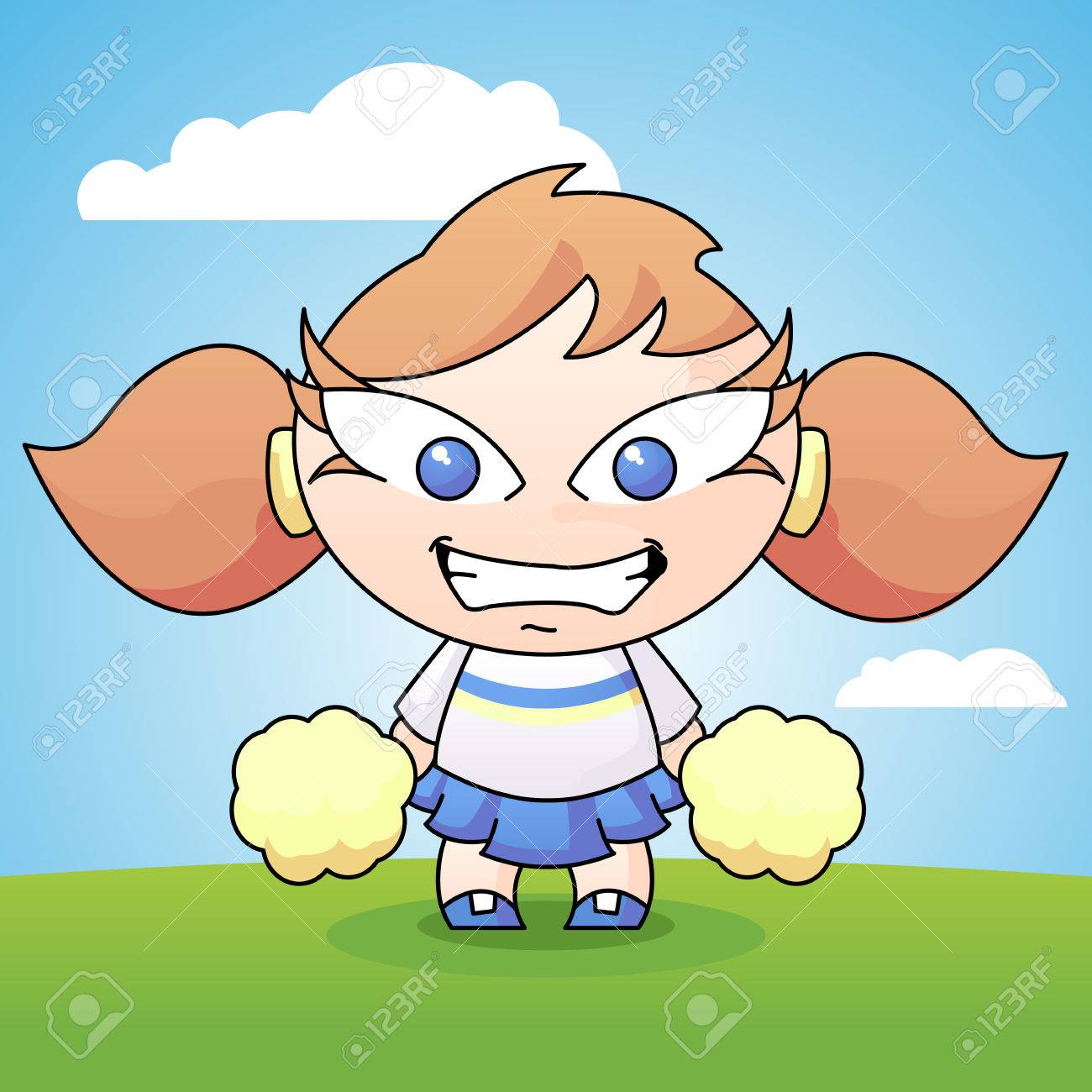 かわいい小さな女の子チアリーダーが応援する準備ができていくつかのポンポンと立っています のイラスト素材 ベクタ Image 4722