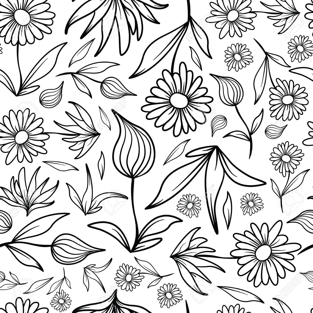 A seamless tiling pattern of line art flowers and leaves. - 114826151 A seamless tiling pattern of line art flowers and leaves. - 114826151