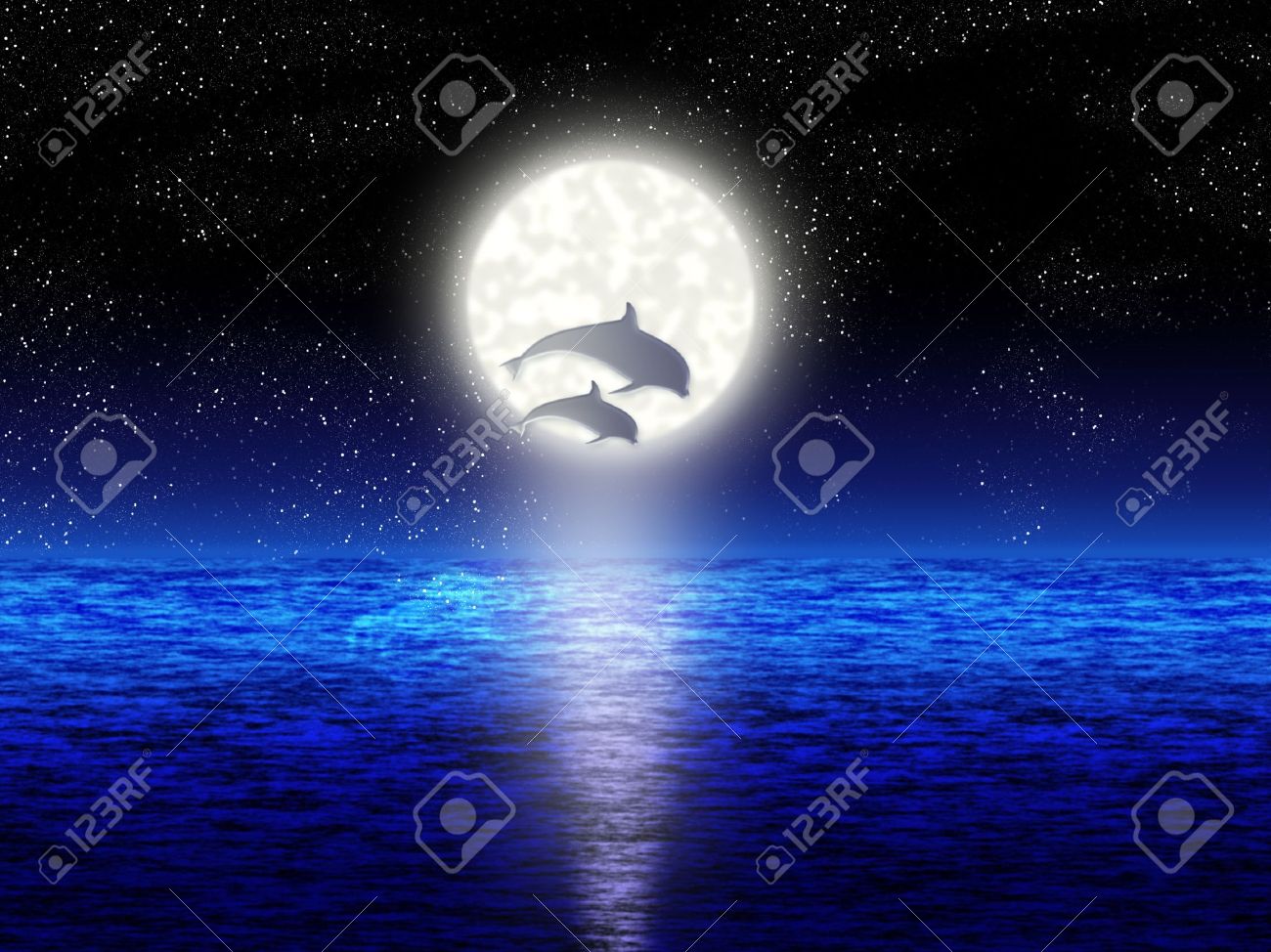 ペアの満月の背景にイルカのジャンプ の写真素材 画像素材 Image