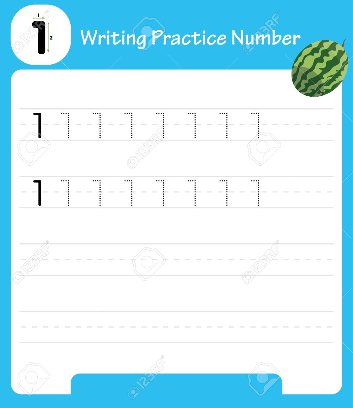 The practice of writing a worksheet. A leaf shows one watermelon. kindergarten kids to improve basic writing skills - 152785506 The practice of writing a worksheet. A leaf shows one watermelon. kindergarten kids to improve basic writing skills - 152785506