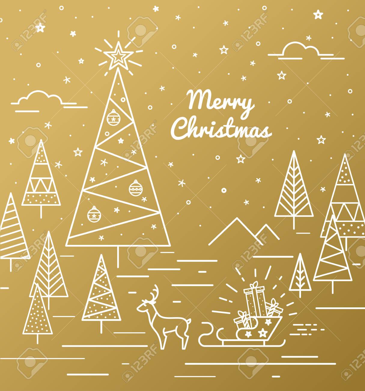 クリスマス ツリーとゴールドのクリスマス カード T シャツ ラベルの印刷にそりのギフトのイラスト素材 ベクタ Image