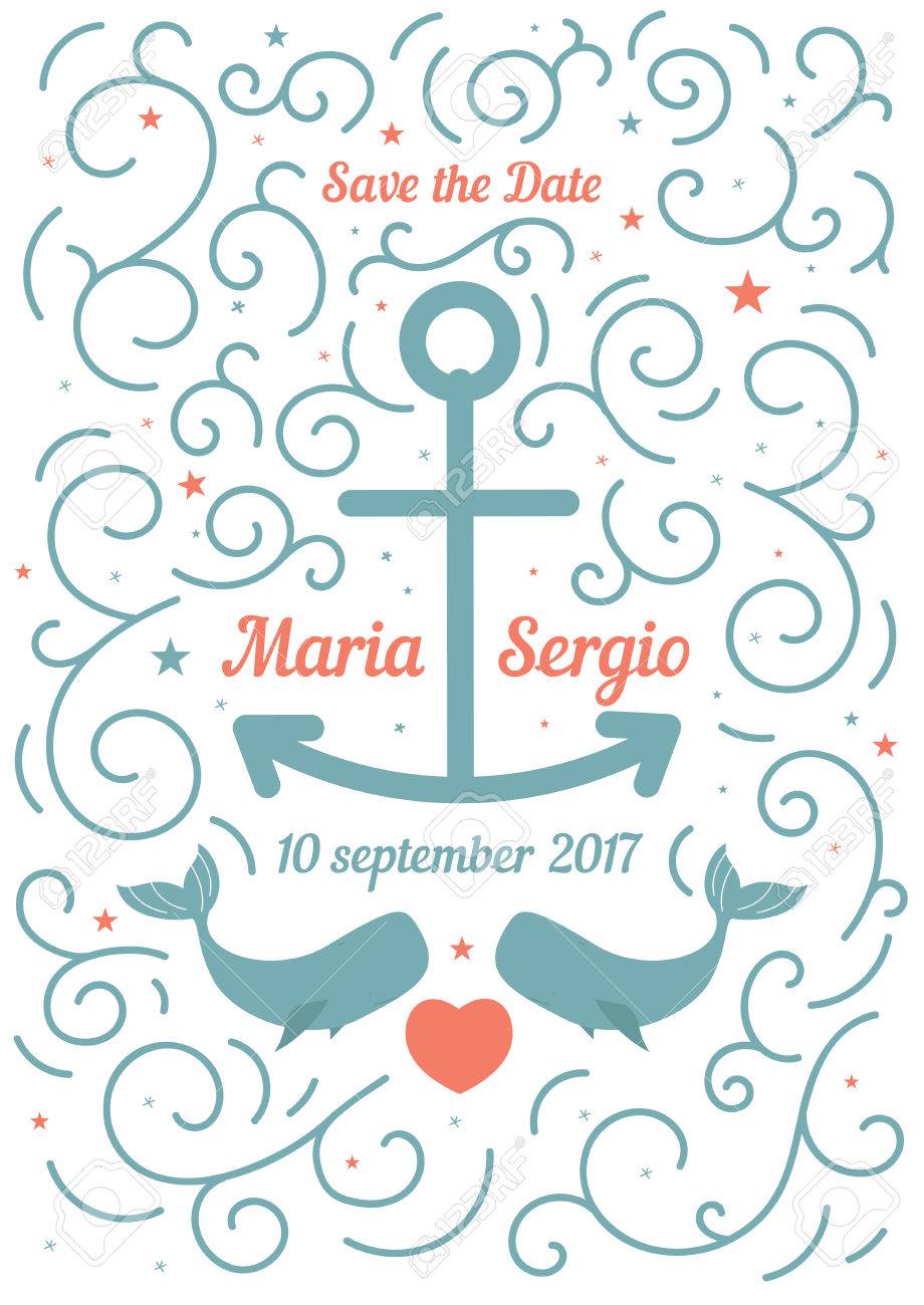 a bright illustration for the holiday invitation template sea theme waves and anchor with