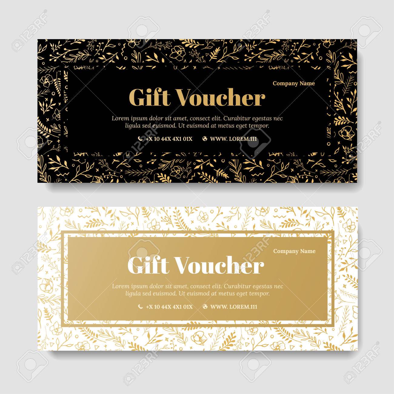 プレミアム商品券 クーポン テンプレート ゴールデン フラワー 設計証明書のテンプレートです 招待状 ショップ ビューティー サロン スパの背景 エレガントな黒 金のベクトル のイラスト素材 ベクタ Image
