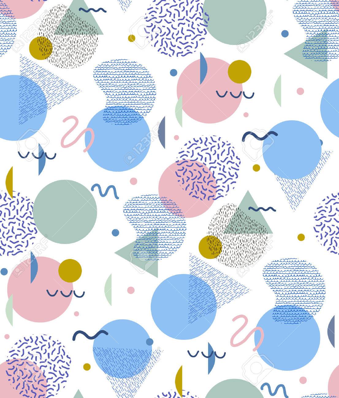 80 年代や 90 年代のレトロなメンフィス スタイル ファッションの抽象的な背景のシームレス パターンです 黄金の三角形 円 線 包装紙 壁紙サイトのデザイン織物に適しています のイラスト素材 ベクタ Image