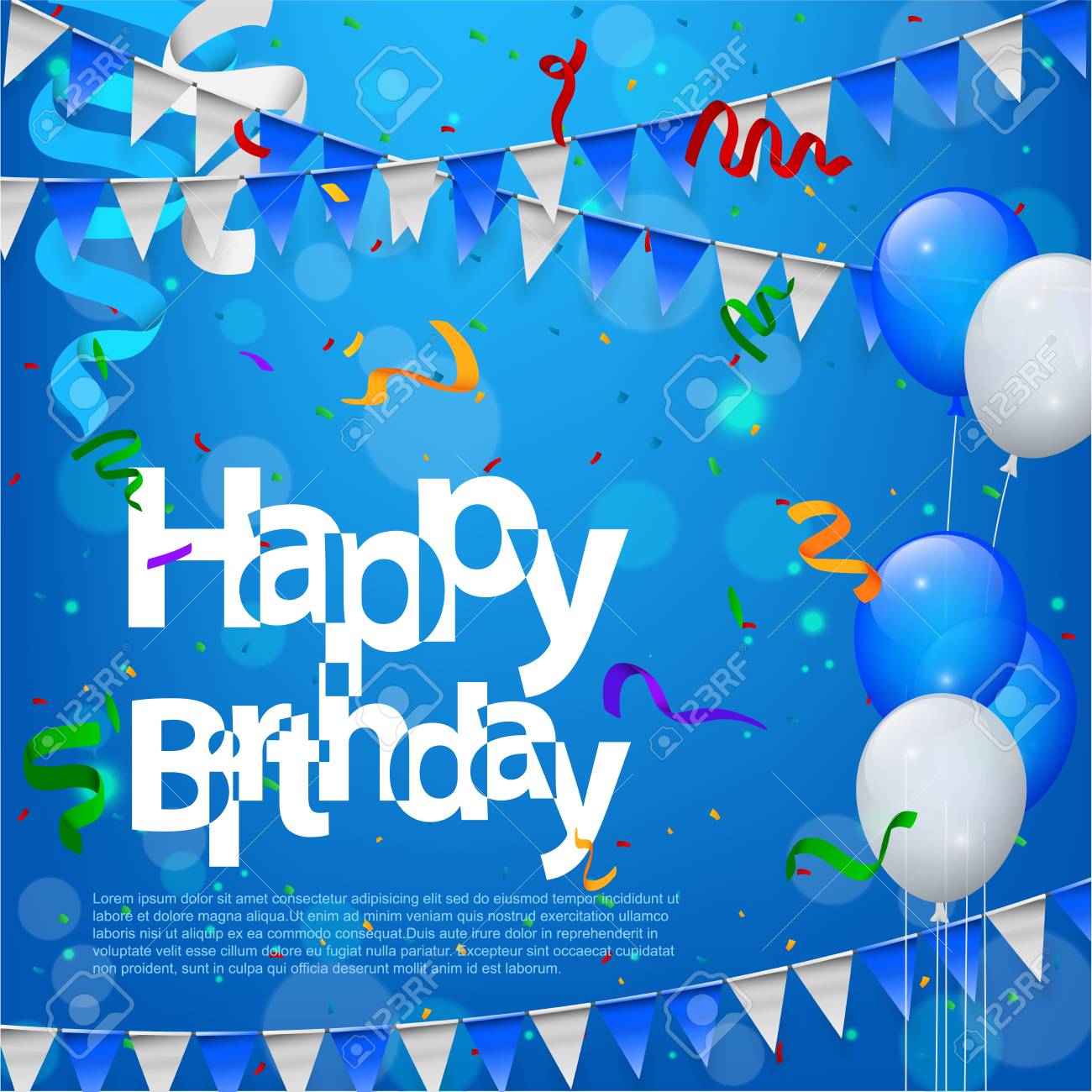 青色の背景色の風船フラグのお誕生日おめでとう のイラスト素材 ベクタ Image