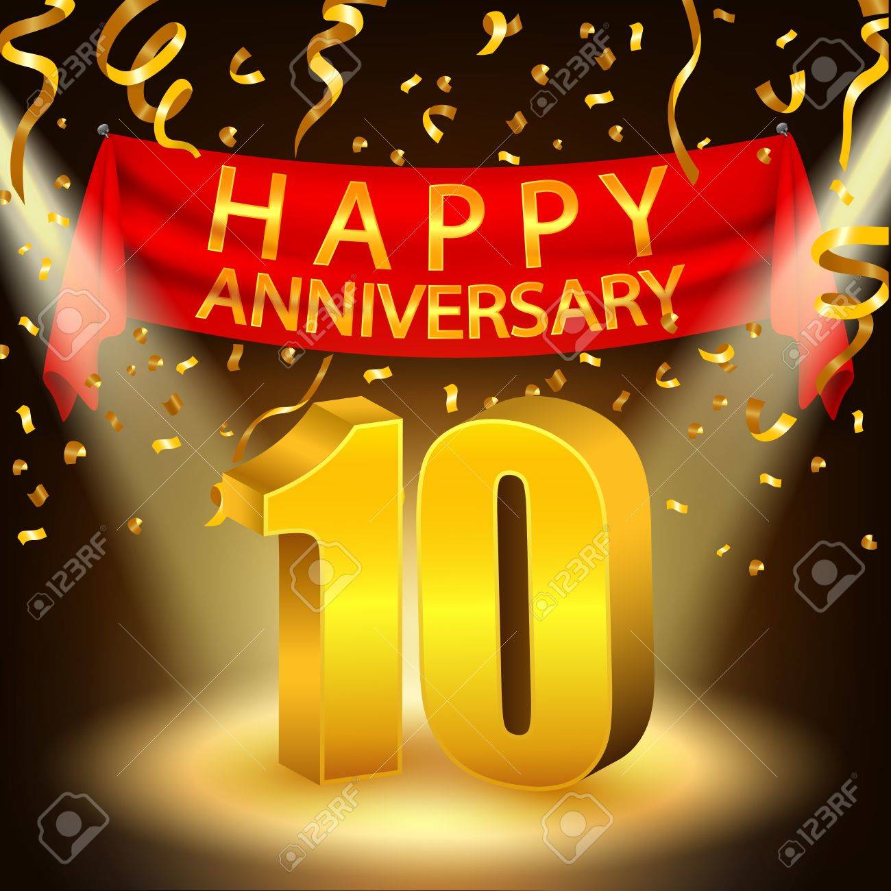 Happy 10th Anniversary Celebration With Golden Confetti And  