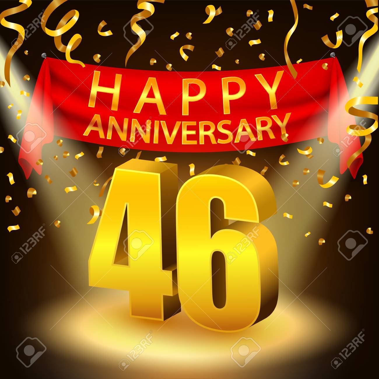 Vettoriale Felice Celebrazione Anniversario 46 Con Coriandoli D Oro E Riflettori Image