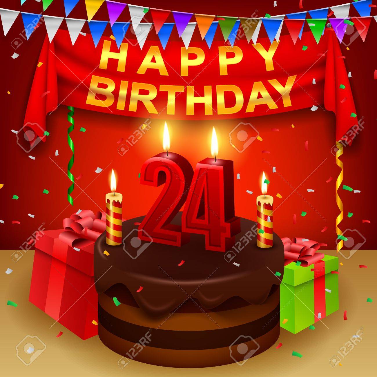 happy 24th birthday with chocolate cream cake and triangular