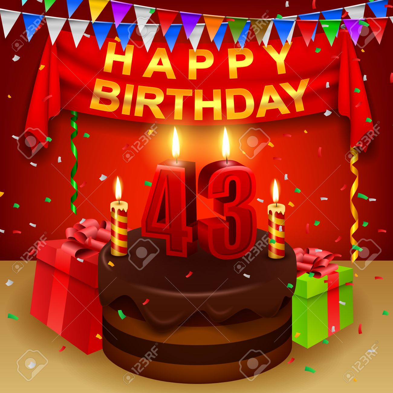 Vettoriale Buon Compleanno 43 Con La Torta Di Crema Al Cioccolato E La Bandiera Triangolare Image