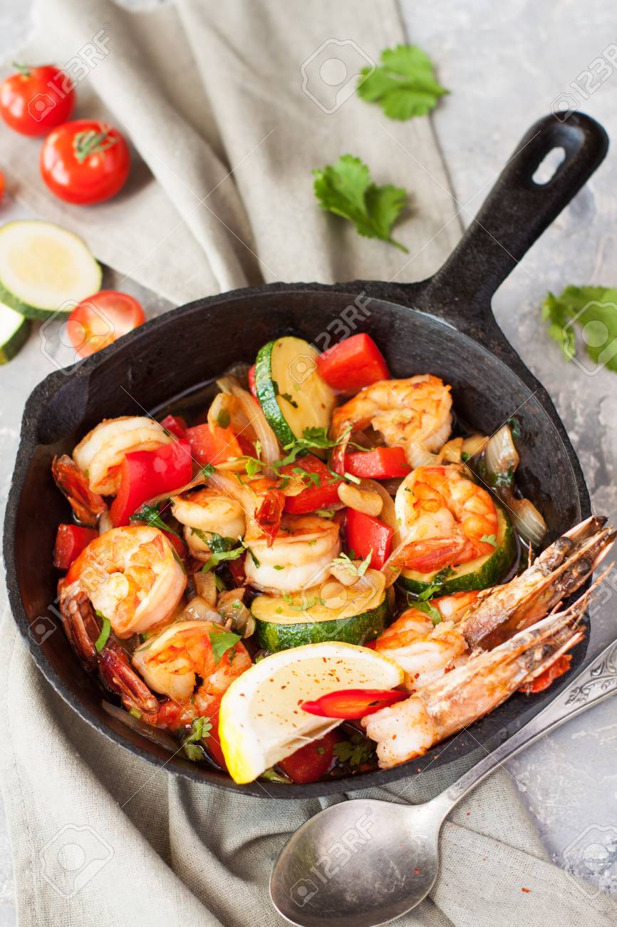 Shrimps With Different Vegetables Skillet Stewed Prawns Zucchini Stock Photo Picture And Royalty Free Image Image 100257624