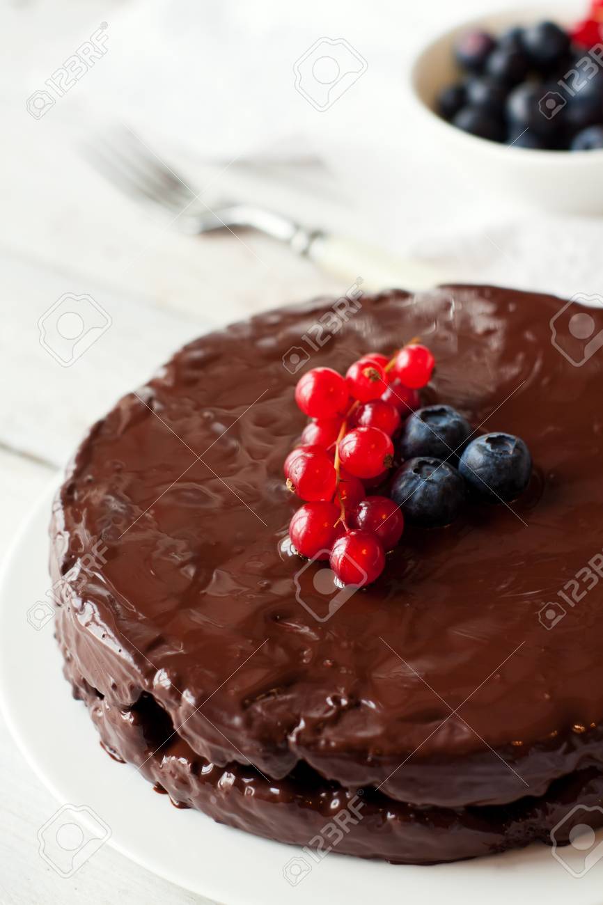 Homemade Gluten Free Chocolate Cake Decorated With Fresh Berries