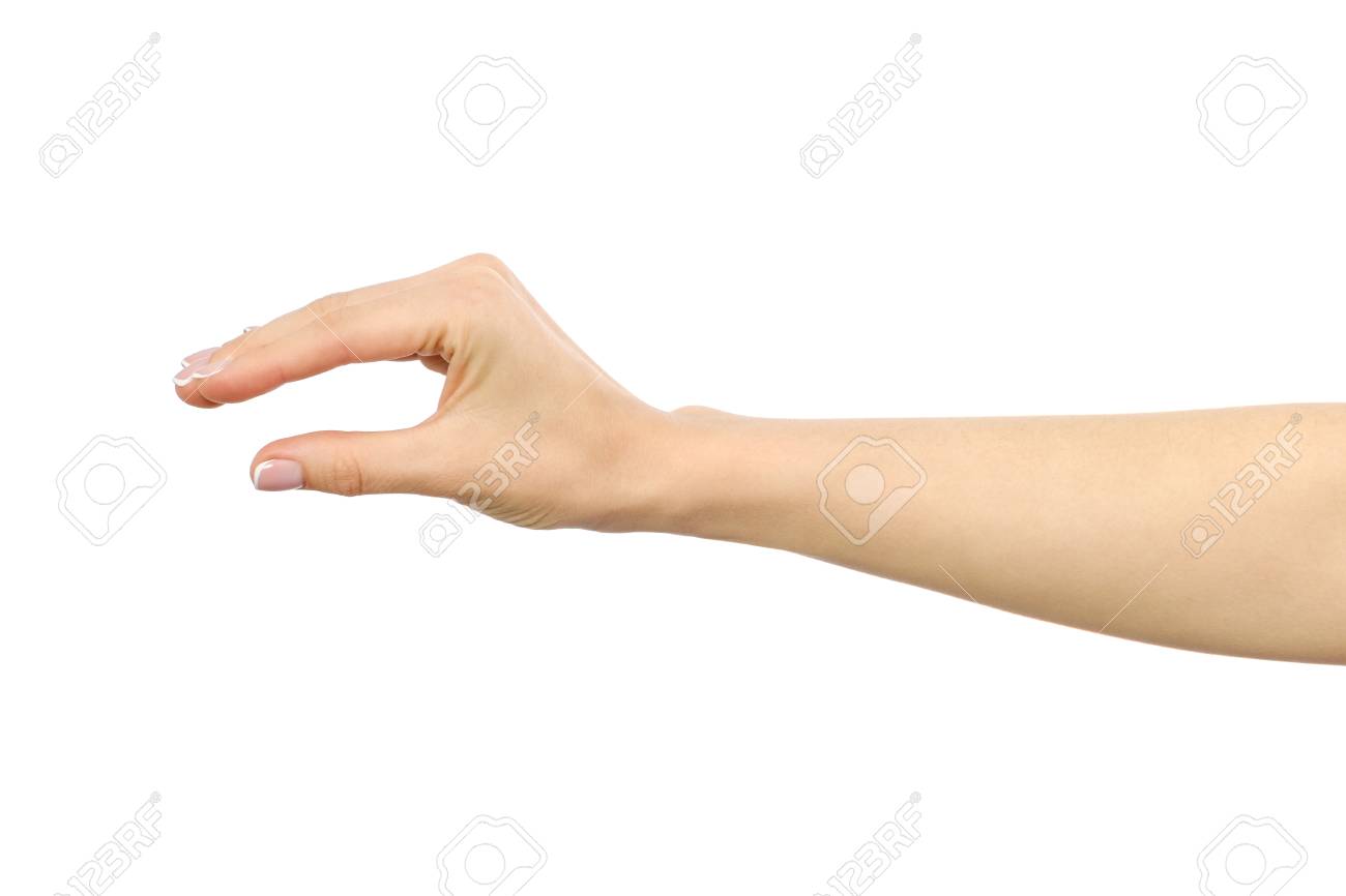 woman s hand grabbing or measuring something isolated on white stock