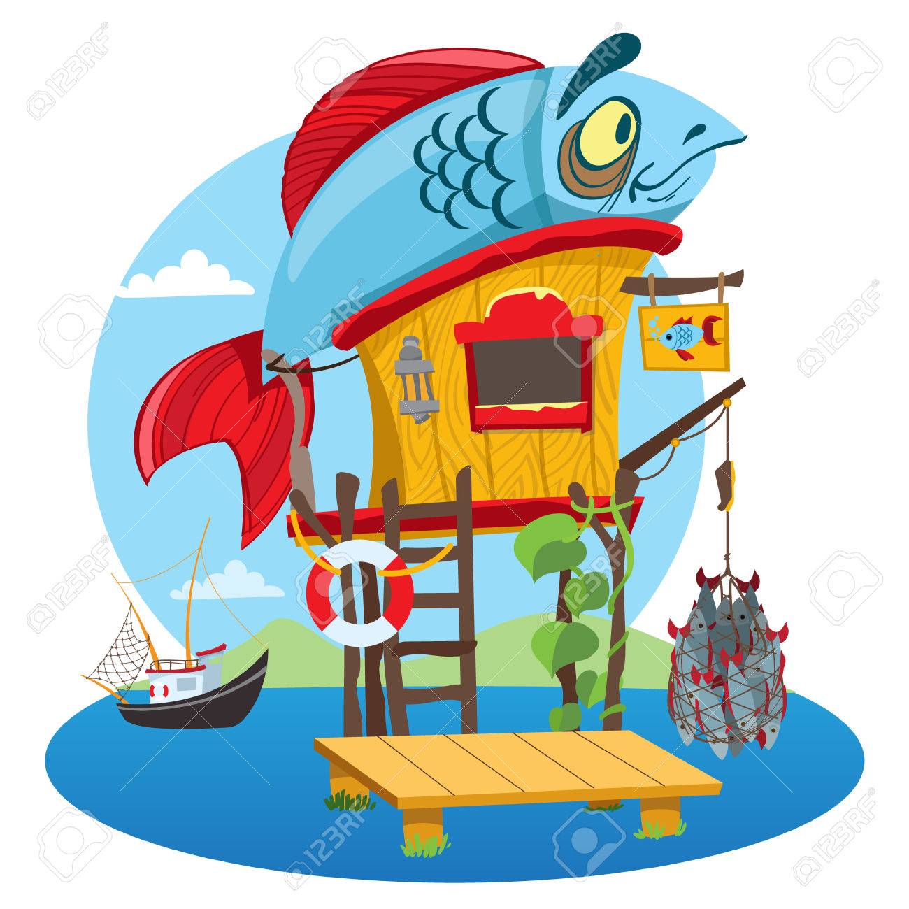house fisherman cartoon illustration of a wooden hut on stiltshouse fisherman cartoon illustration of a wooden hut on stilts near the river drawing