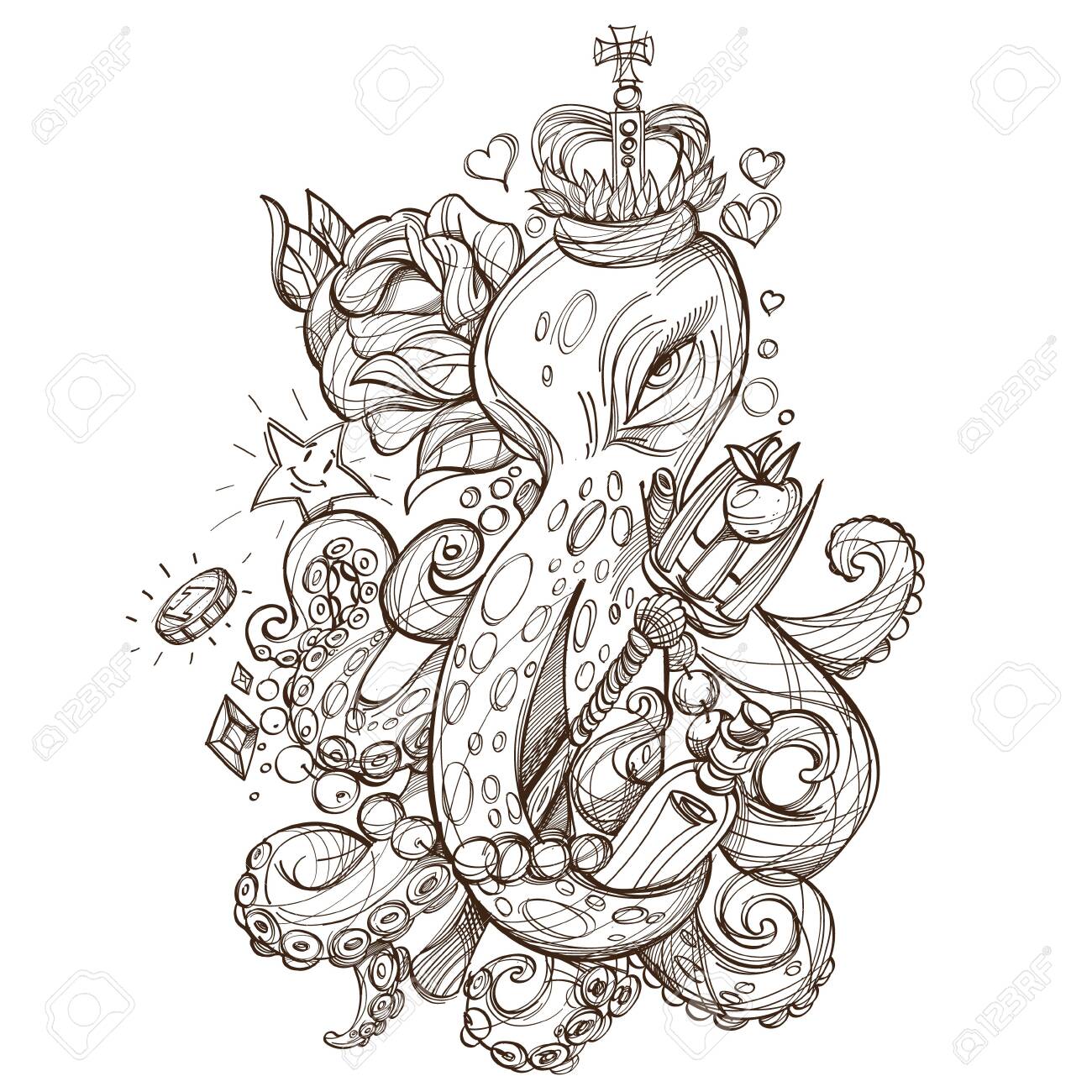 Octopus In The Crown With The Red Rose Outline Sketch Of A Tattoo.  Monochrome Illustration For Design T-shirts And Other Items. Sea Monster  Sticker. Illustration For Coloring. Royalty Free SVG, Cliparts, Vectors,, image size:1300x1300