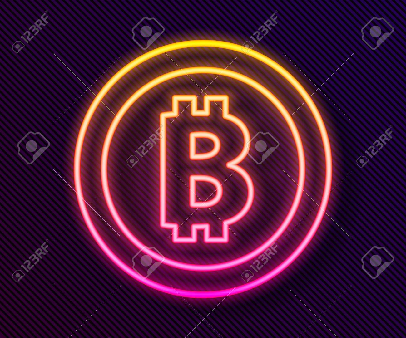 輝くネオンライン暗号通貨コインビットコインアイコンは黒の背景に分離されました。物理的なビットコイン。ブロックチェーンベースの安全な暗号通貨。ベクターのイラスト素材・ベクター  Image 150982859