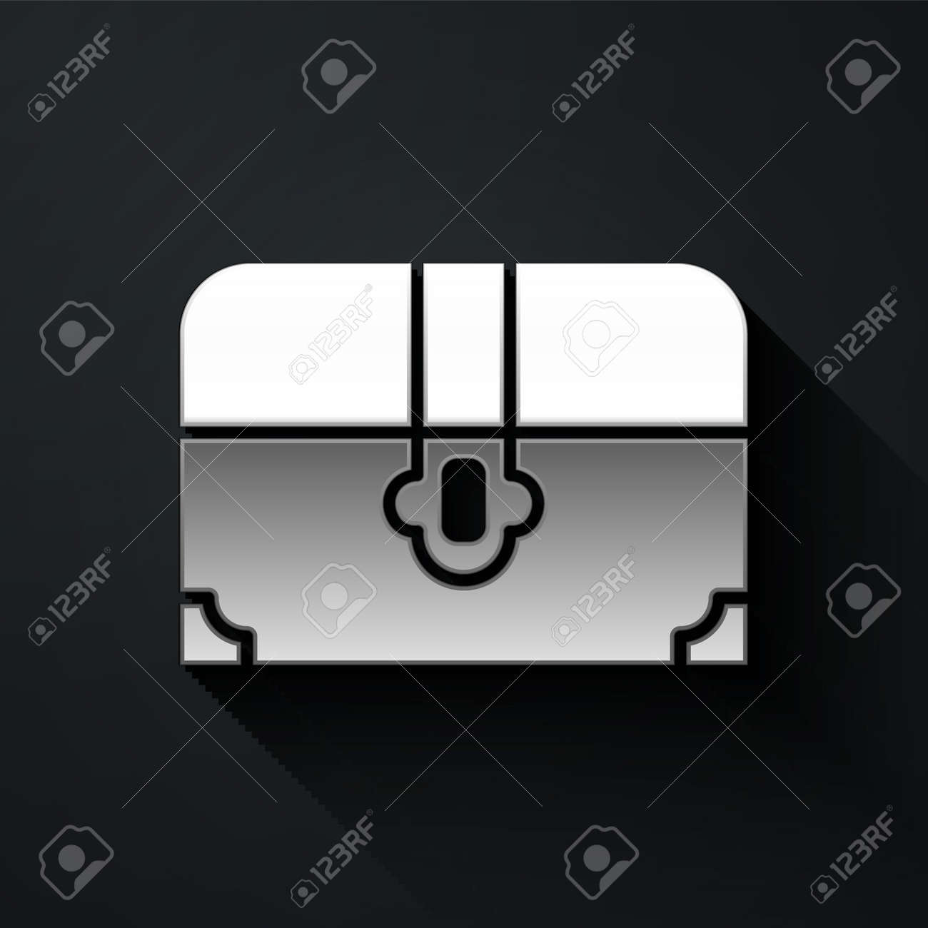 黒の背景に分離されたシルバーアンティーク宝箱アイコン。黄金のコインとヴィンテージの木製のたんす。ロングシャドウスタイル。ベクターのイラスト素材・ベクター  Image 159242516