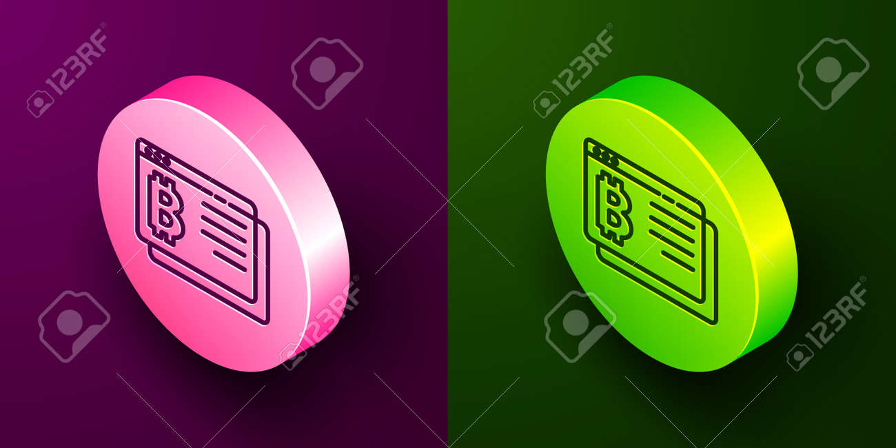 보라색과 녹색 배경 물리적 비트 코인 블록체인 기반 보안 암호화 통화 원 버튼 벡터에 격리된 아이소메트릭 라인 암호화 코인 비트코인  아이콘 로열티 무료 사진, 그림, 이미지 그리고 스톡포토그래피. Image 159391215
