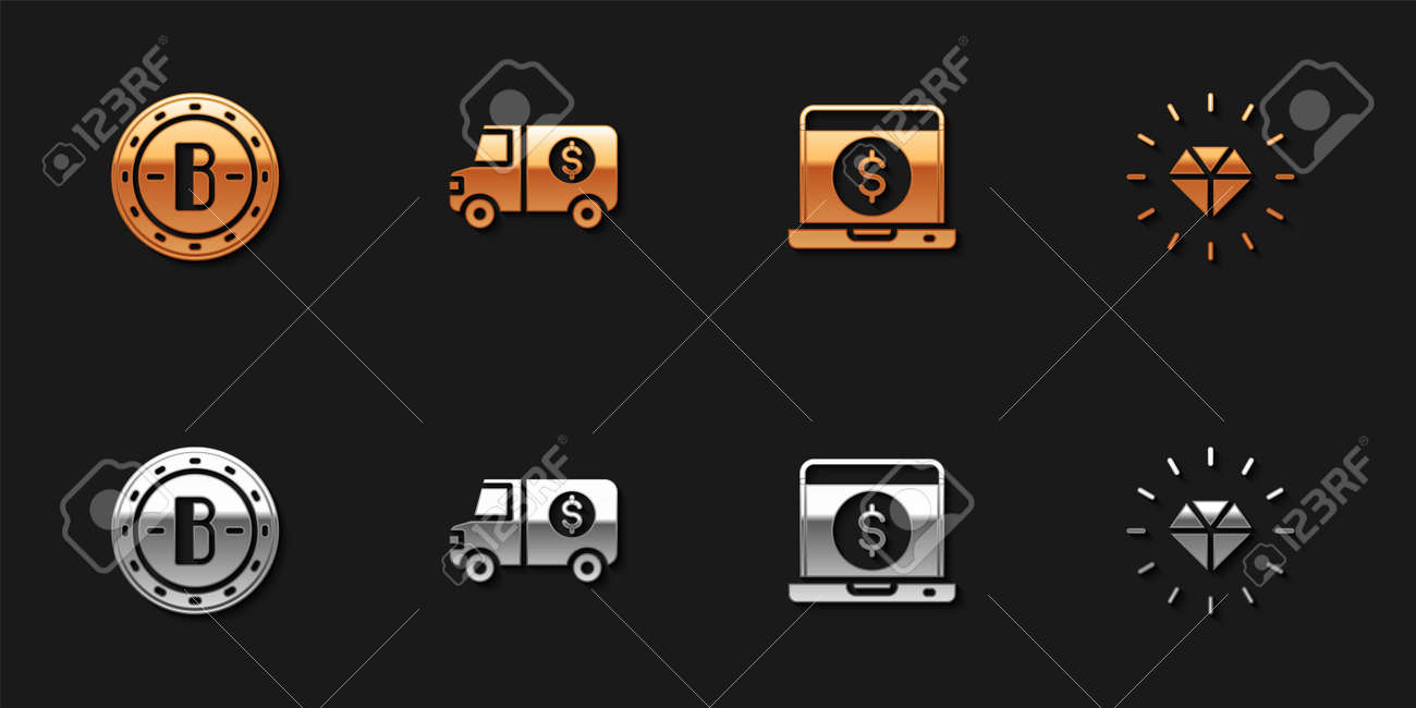 비트코인, 장갑 트럭, 달러 및 다이아몬드 아이콘이 있는 노트북을 설정합니다. 벡터 로열티 무료 사진, 그림, 이미지 그리고  스톡포토그래피. Image 166017176