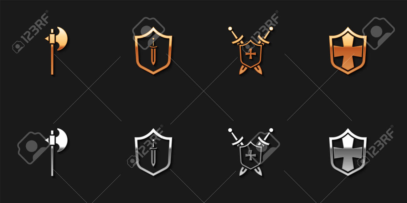 中世の斧、剣、剣、盾のアイコンで盾を設定します。ベクターのイラスト素材・ベクター Image 167036644
