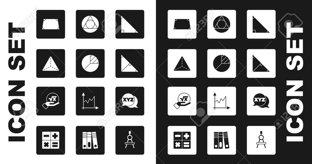 삼각형 수학, 원형 차트 인포그래픽, 기하학적 도형 사면체, 급성 사다리꼴 모양, 삼각형의 각도 이등분선, Xyz 좌표계 및 제곱근 X  글리프 아이콘을 설정합니다. 벡터 로열티 무료 사진, 그림, 이미지 그리고 스톡포토그래피. Image 177179349
