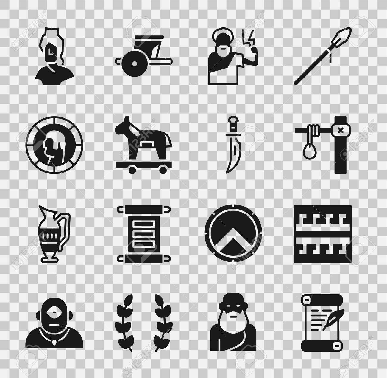 법령, 양피지, 스크롤, 고대 그리스 패턴, 교수대, 제우스, 트로이 목마, 동전, 흉상 조각 및 단검 아이콘을 설정합니다. 벡터  로열티 무료 사진, 그림, 이미지 그리고 스톡포토그래피. Image 175108341