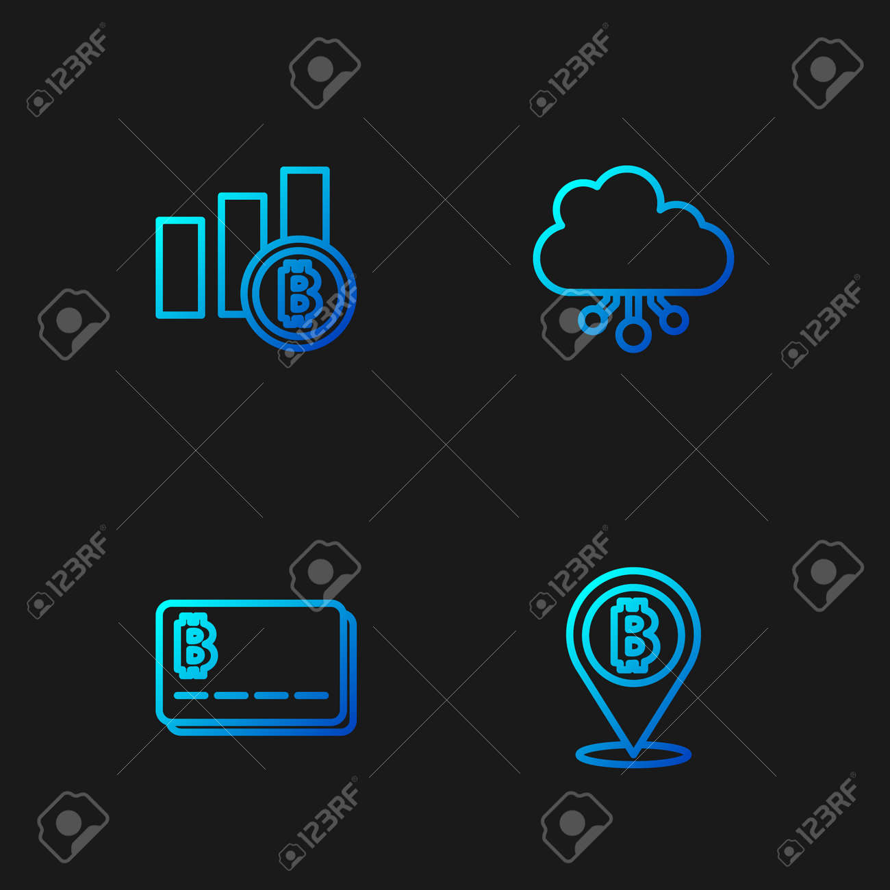 비트코인 파이 차트 인포그래픽 및 암호화폐 클라우드 마이닝 그라데이션 색상 아이콘 벡터를 사용하여 비트코인 신용 카드 설정 로열티 무료  사진, 그림, 이미지 그리고 스톡포토그래피. Image 177374087
