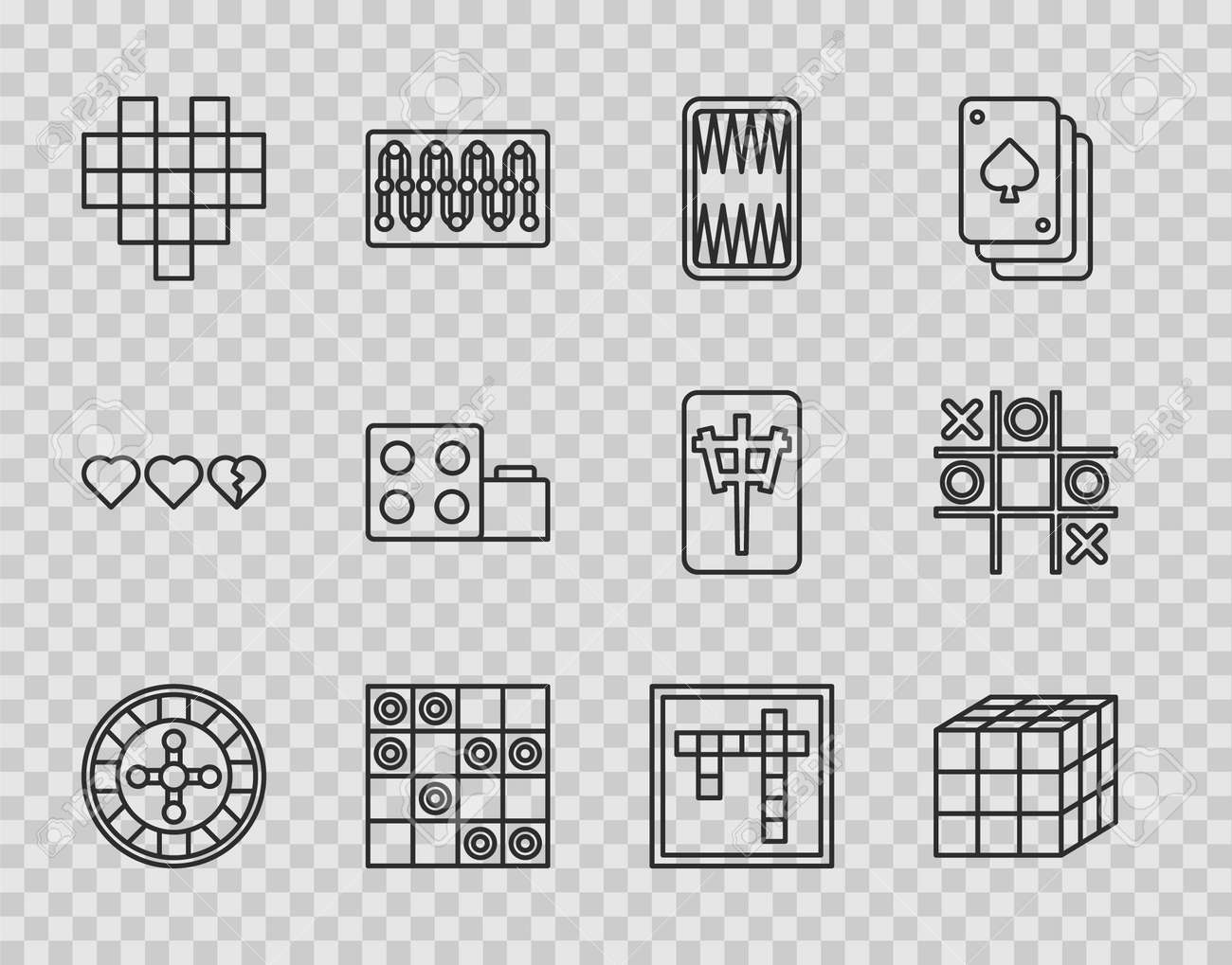 セットラインカジノルーレット盤、キューブ、バックギャモンボード、チェッカーのボードゲーム、ピクセルハート、おもちゃのビルディングブロックのレンガ、ビンゴ、三目並べのアイコン。ベクターのイラスト素材・ベクター  Image 178690513