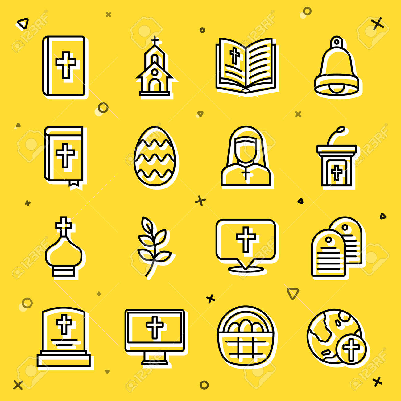 글로브 성경 책 교회 설교 트리뷴 부활절 달걀과 수녀 아이콘 벡터를 사용하여 선 기독교 십자가를 설정합니다. 로열티 무료 사진, 그림,  이미지 그리고 스톡포토그래피. Image 179346446