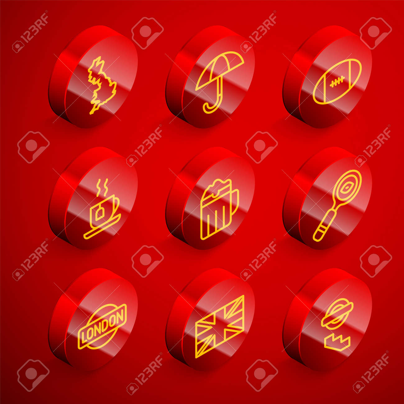 세트 라인 영국 지도 우산 럭비 공 차 한잔과 티백 나무 맥주 머그 돋보기 런던 표지판 및 영국 국기 아이콘 벡터 로열티 무료 사진,  그림, 이미지 그리고 스톡포토그래피. Image 182887736