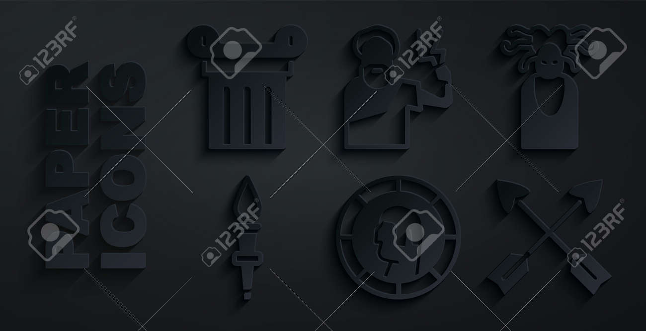 고대 그리스 동전, 메두사 고르곤, 횃불 불꽃, 교차된 화살표, 제우스 및 기둥 아이콘을 설정합니다. 벡터 로열티 무료 사진, 그림,  이미지 그리고 스톡포토그래피. Image 185553548