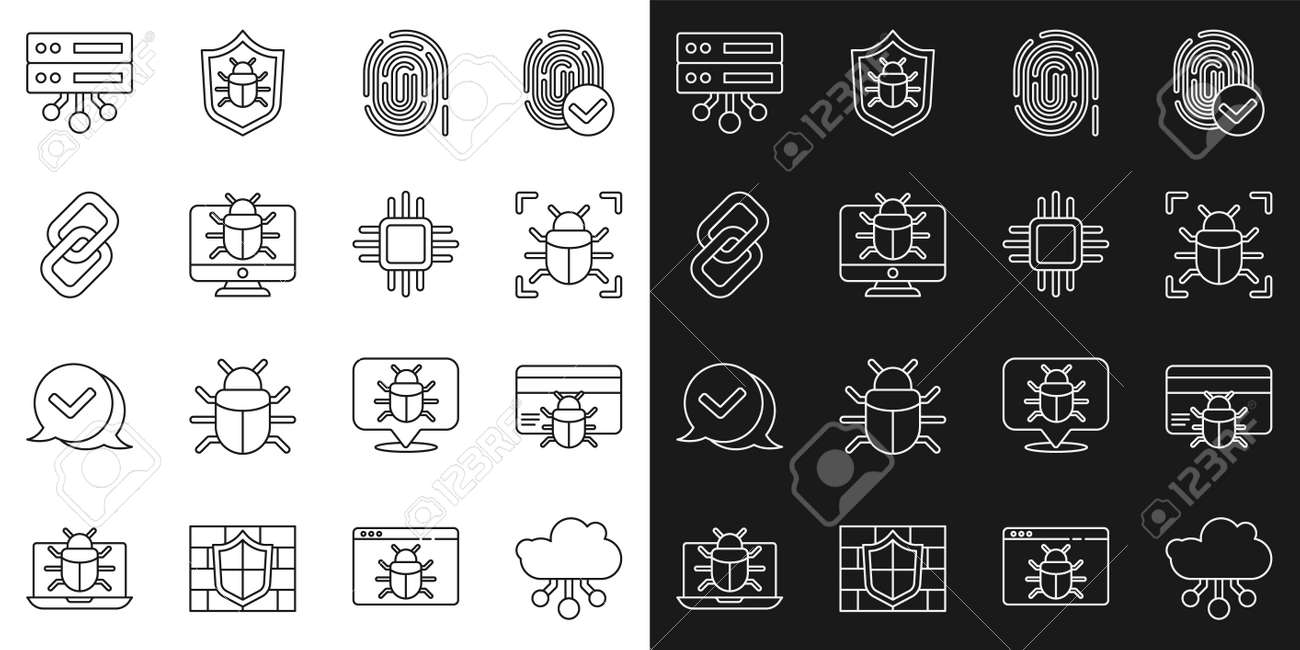 모니터 체인 링크 서버 데이터 웹 호스팅 및 마이크로 회로가 있는 프로세서 CPU 아이콘 벡터에 대한 사물 인터넷 시스템 버그 신용  카드 지문 설정 로열티 무료 사진, 그림, 이미지 그리고 스톡포토그래피. Image