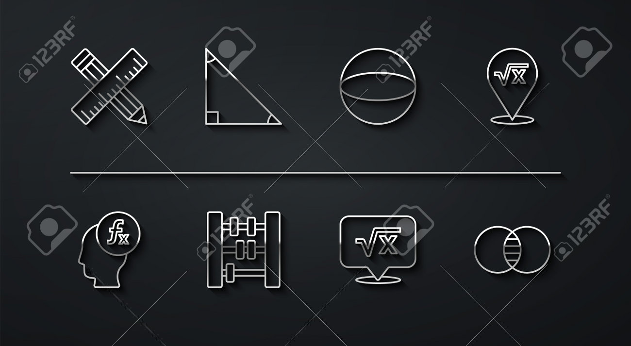 선 교차 눈금자와 연필, 함수 수학 기호, X 글리프의 제곱근, 주판, 삼각형, 수학 세트 B 및 기하학적 그림 구 아이콘을  설정합니다. 벡터 로열티 무료 사진, 그림, 이미지 그리고 스톡포토그래피. Image 192150744