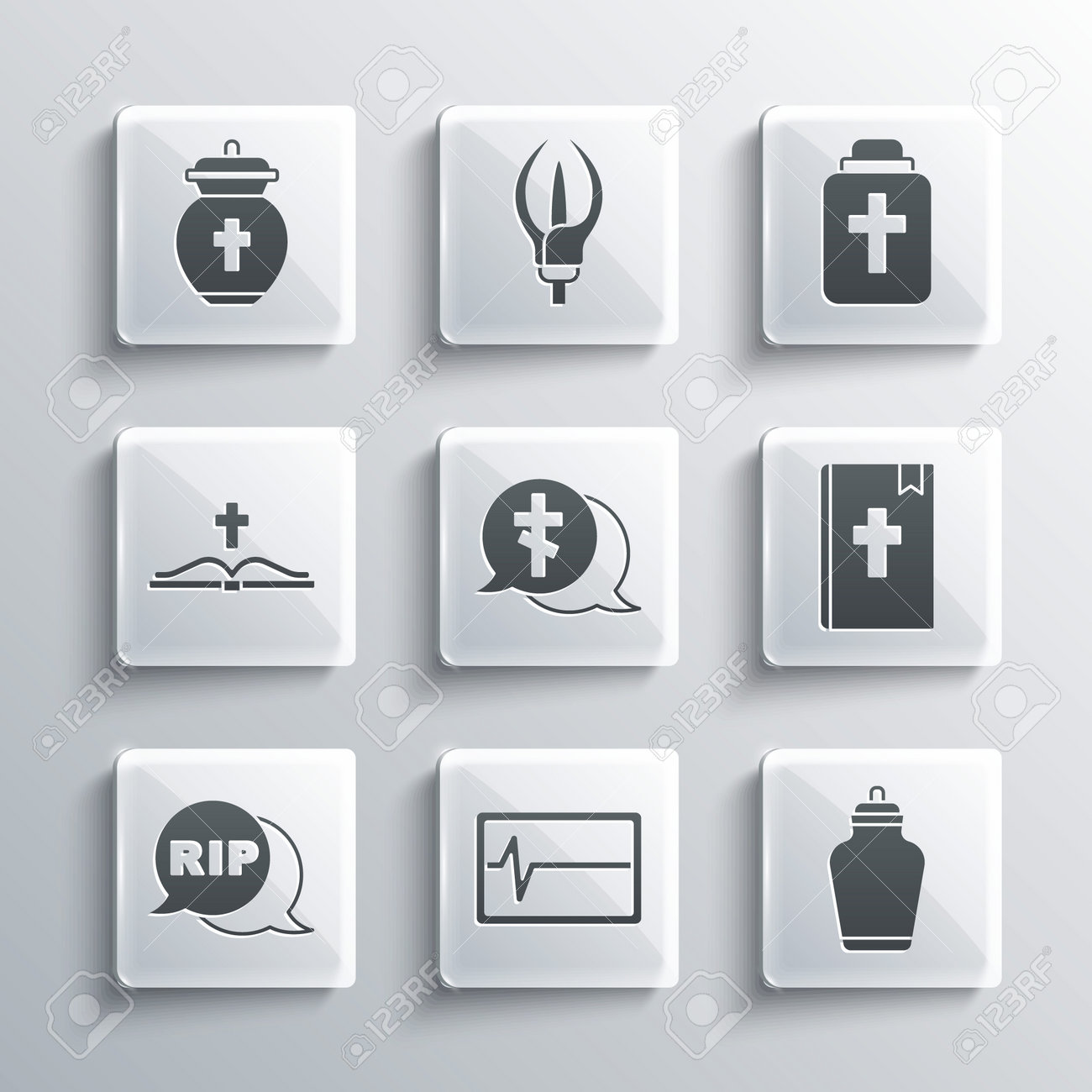 モニター、葬儀の骨壷、聖書の本、十字架のある墓、吹き出しの裂け目の死、アイコンでビートデッドを設定します。ベクトルのイラスト素材・ベクター Image  199426806