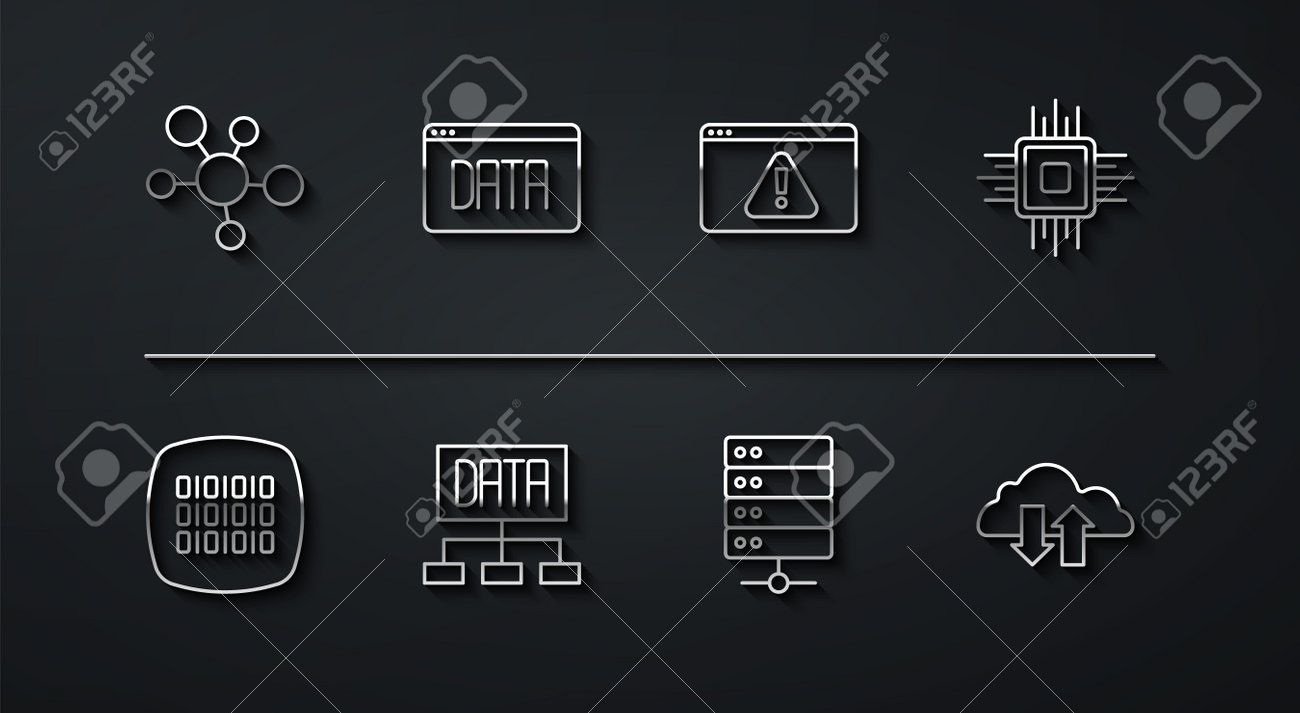 느낌표 아이콘이 있는 라인 마인드 맵 인포그래픽, 이진 코드, 프로세서 CPU, 서버, 데이터 분석, 클라우드 다운로드 및 업로드 및  브라우저를 설정합니다. 벡터 로열티 무료 사진, 그림, 이미지 그리고 스톡포토그래피. Image 196897595