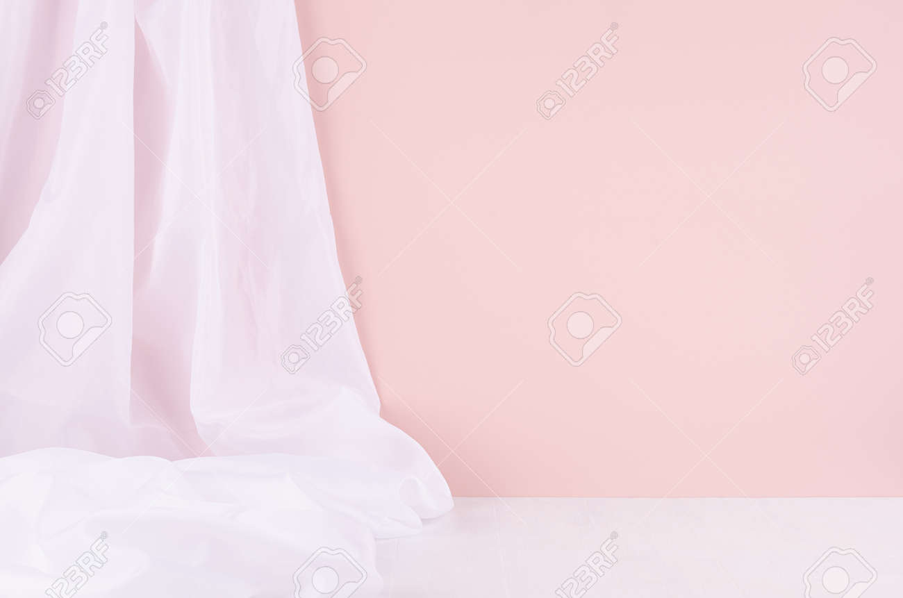 Abstract modern minimal scene or interior with soft light pastel pink wall, white silk curtain and white wood table of floor. Background for display, presentation, showing. - 168468892 Abstract modern minimal scene or interior with soft light pastel pink wall, white silk curtain and white wood table of floor. Background for display, presentation, showing. - 168468892